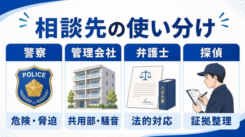 近隣嫌がらせで警察や管理会社や弁護士や探偵へ相談する判断基準