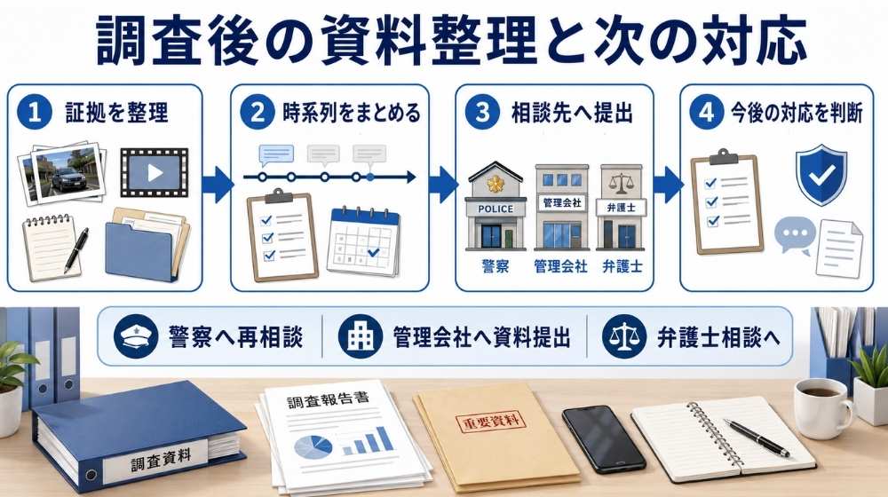 近隣嫌がらせ調査後に証拠を整理して警察や管理会社へ相談する流れ