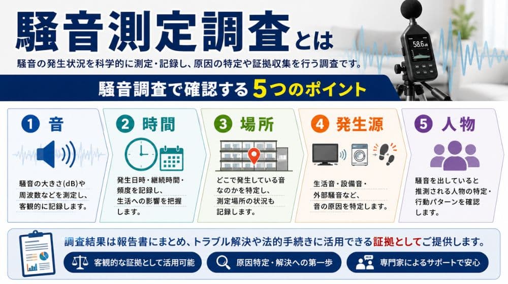 騒音調査で確認する音・時間・場所・発生源・人物の5つのポイントを示した図