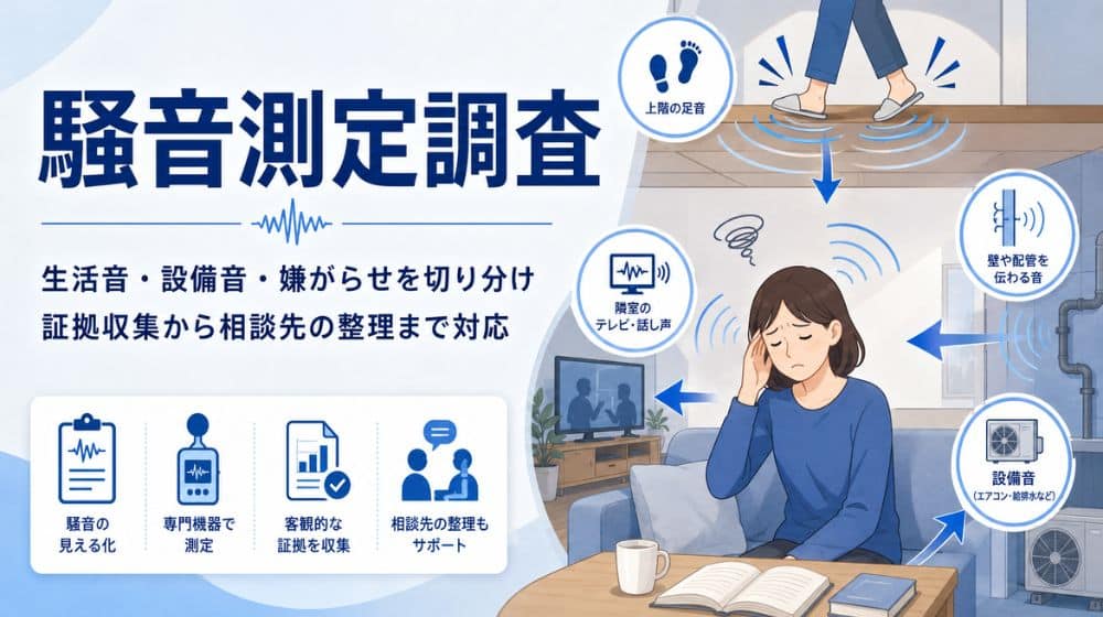騒音測定調査のイメージ。上階の足音、隣室のテレビ音、設備音など複数の騒音原因を整理し、証拠収集や相談先の整理に対応するサービスページ用アイキャッチ画像
