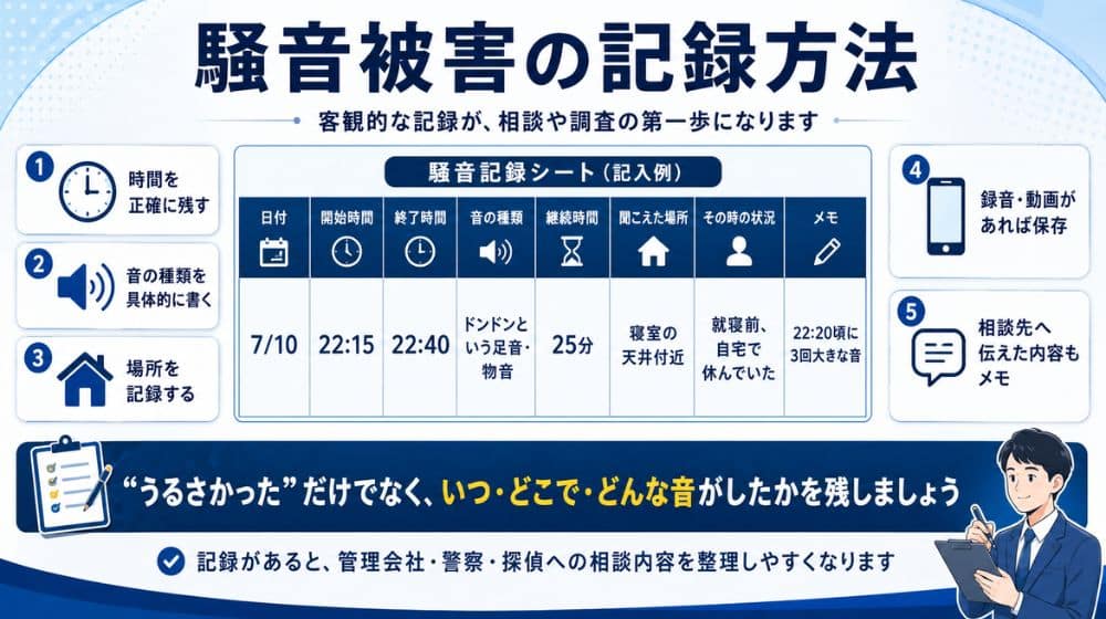 騒音被害の記録方法を示すインフォグラフィック。日時、音の種類、場所、状況などを記録するシート例