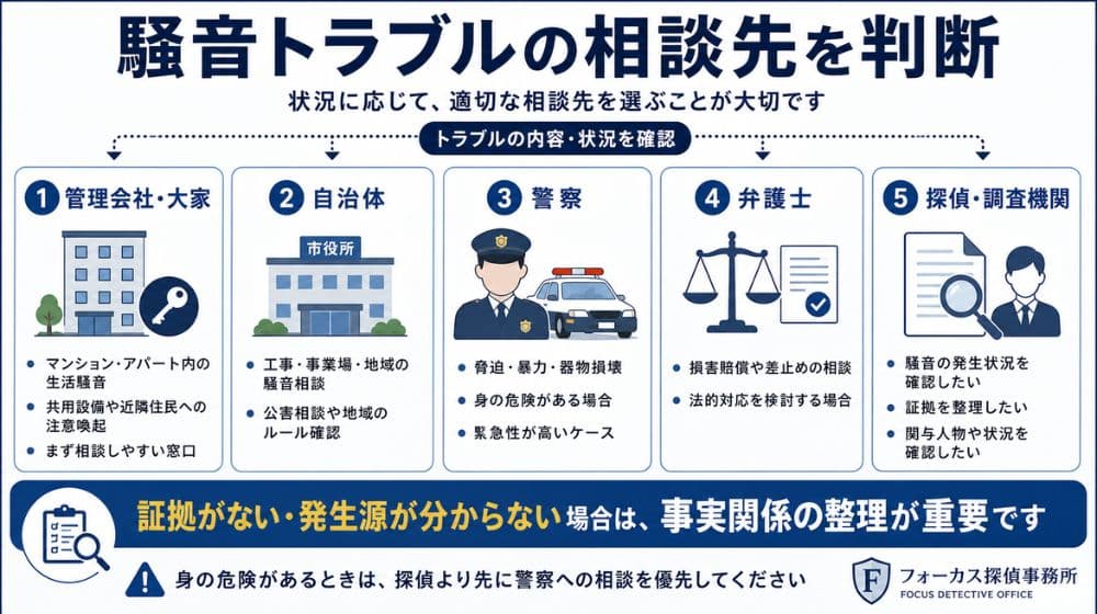 騒音トラブルの相談先として管理会社・自治体・警察・弁護士・探偵を状況別に示した図