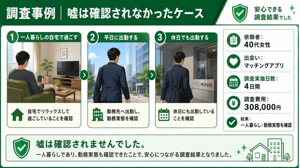 交際相手の勤務先や生活状況を確認して疑いが解消された事例