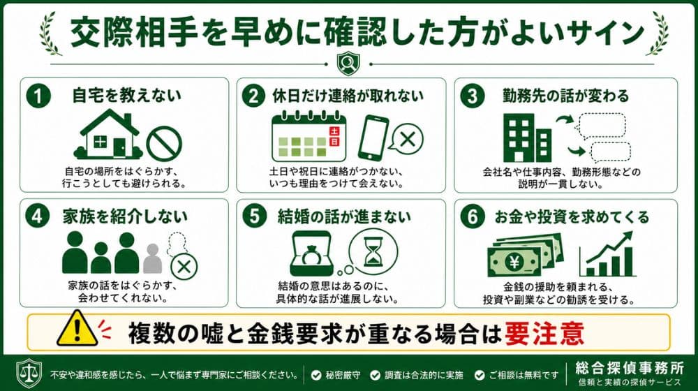 交際相手の身辺を早めに確認した方がよいサイン