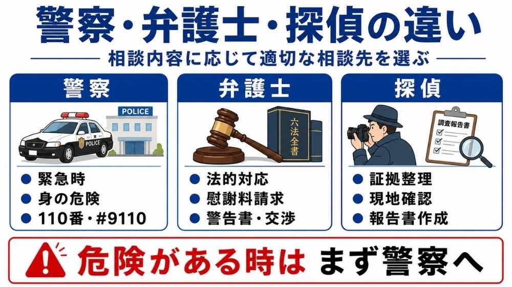 ストーカー被害で警察・弁護士・探偵に相談する違い