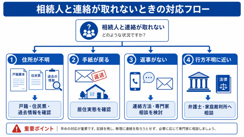 相続人と連絡が取れないときの対応フロー図