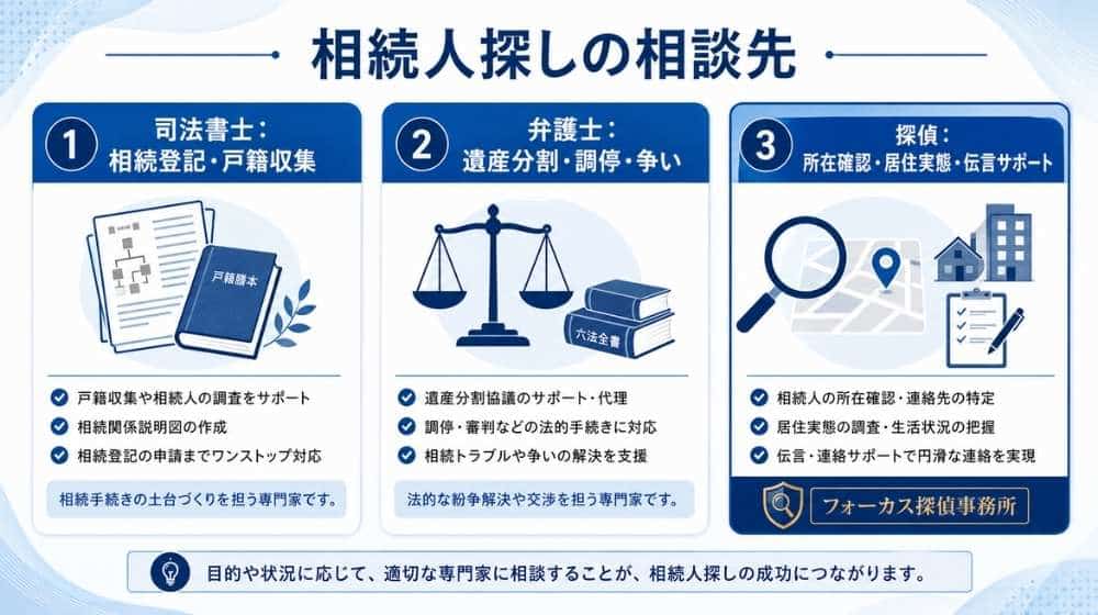 相続人探しにおける探偵・司法書士・弁護士の役割分担図