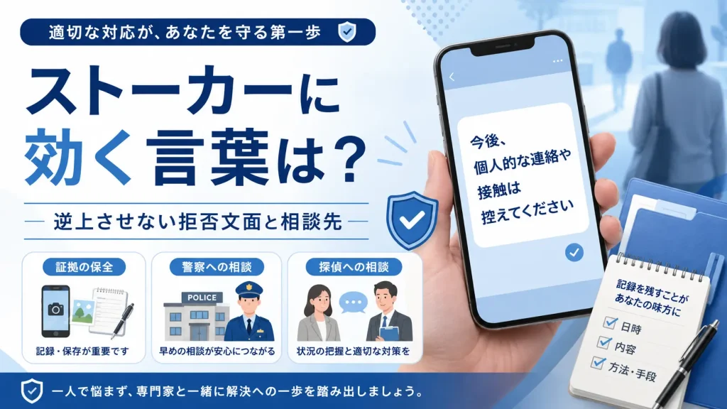 ストーカーに効く言葉と逆上させない拒否文面を解説するイメージ