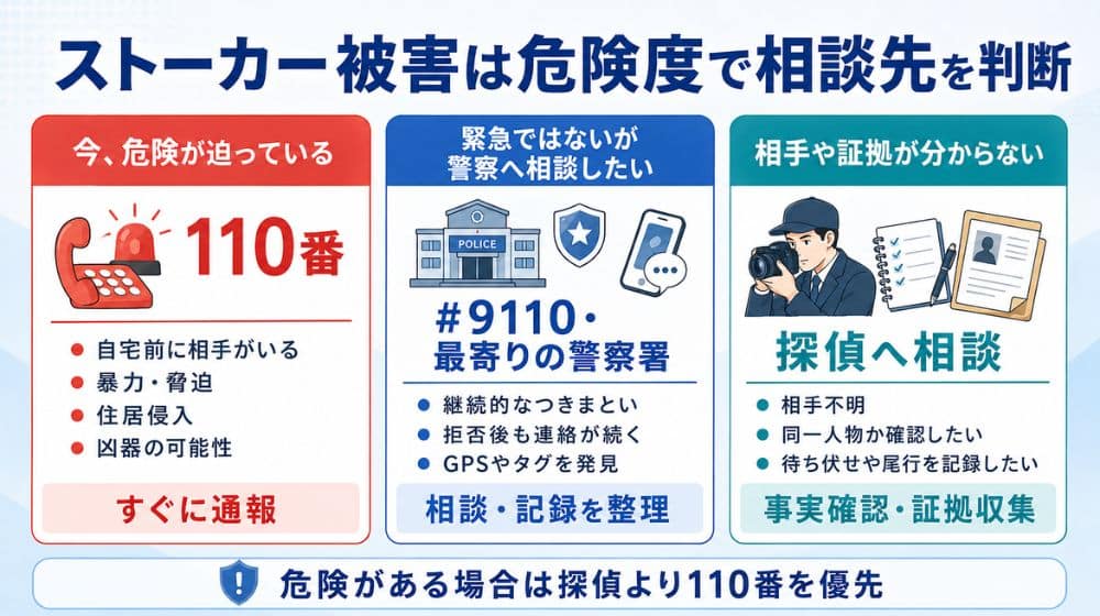 ストーカー被害で110番と警察相談と探偵を使い分ける方法