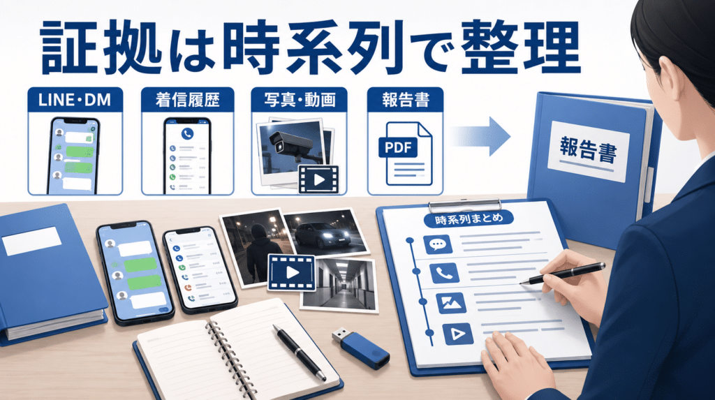 ストーカー被害のLINEや着信履歴を時系列で証拠整理するイメージ