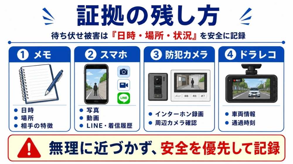 待ち伏せ被害の証拠を日時や場所ごとに記録するイメージ