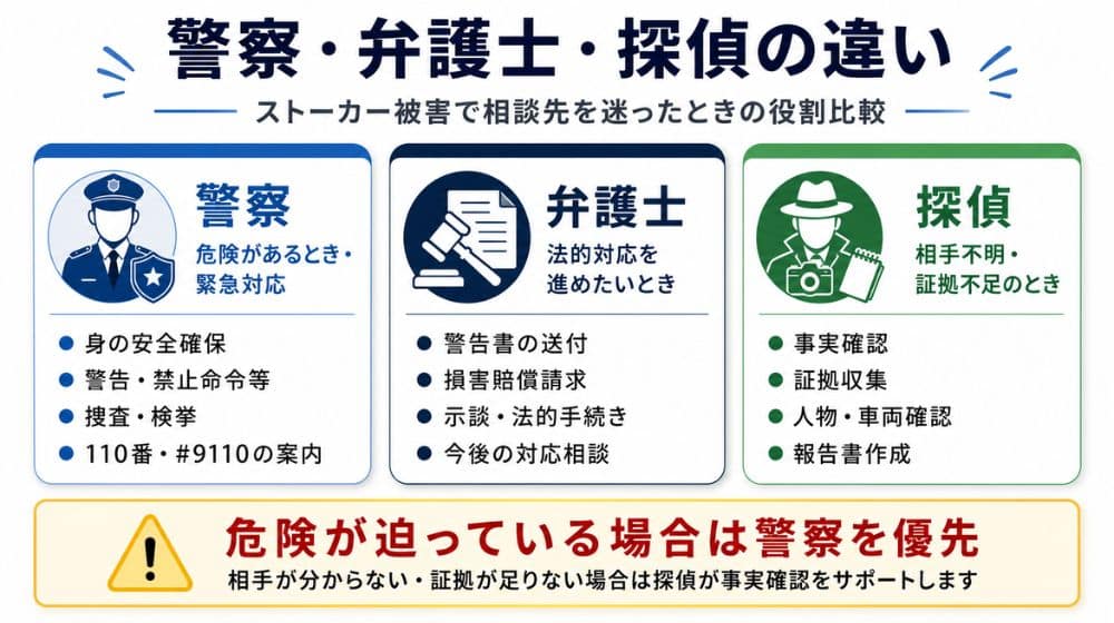 ストーカー被害における警察弁護士探偵の違い