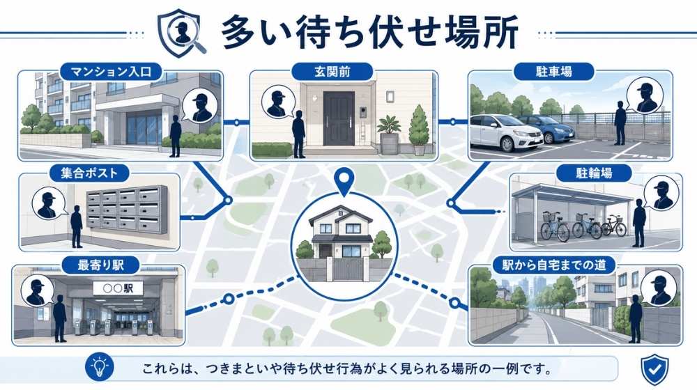 マンション入口や駐車場など待ち伏せされやすい場所