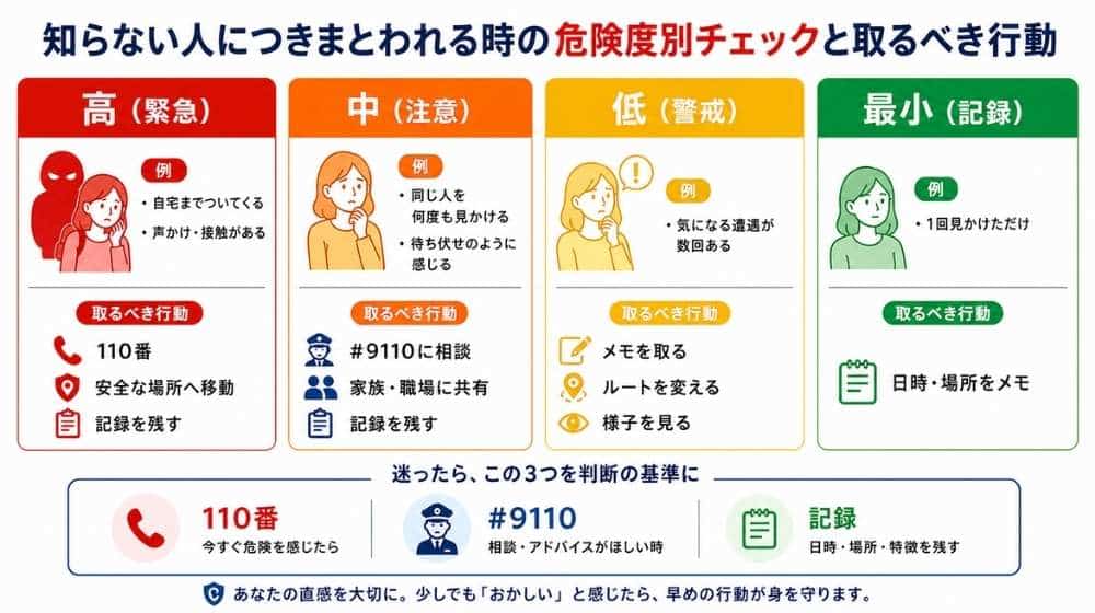 知らない人につきまとわれる時の危険度別チェックと取るべき行動