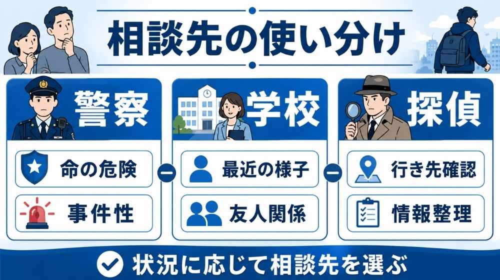 中学生・高校生の家出で警察・学校・探偵へ相談する時の情報整理と使い分け