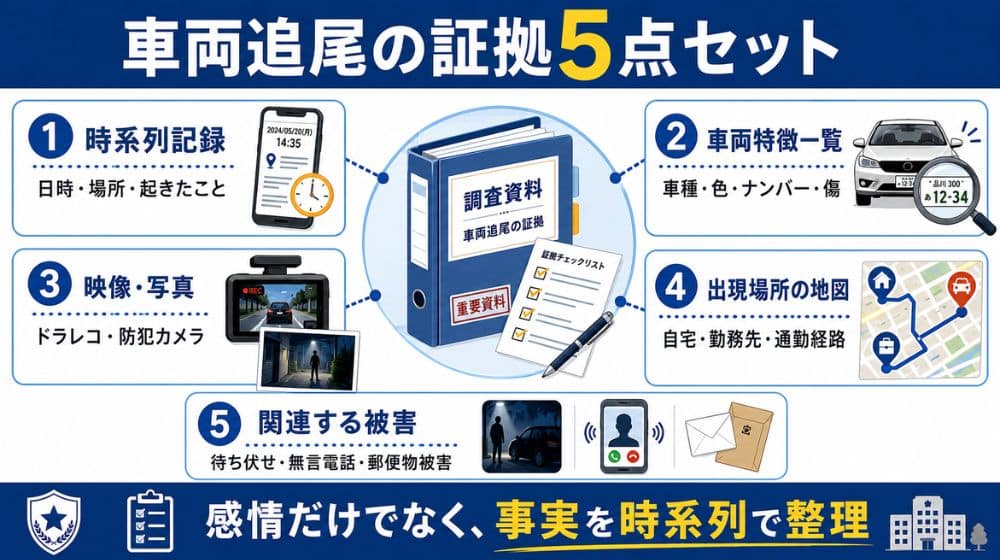 車両による尾行を警察へ説明するための証拠5点セット
