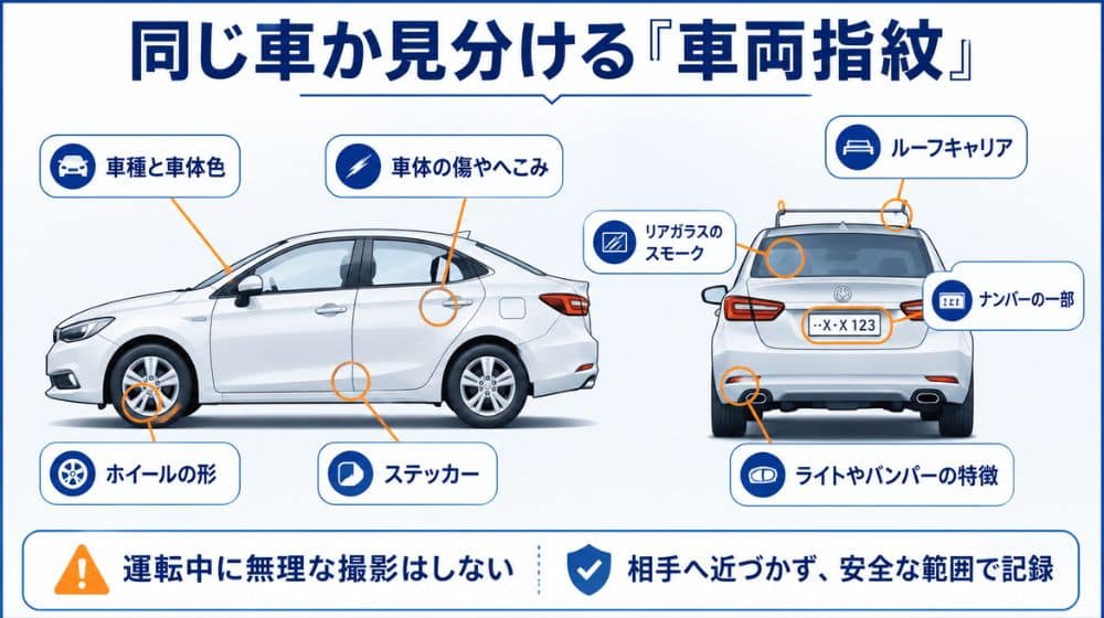 同一車両を見分けるナンバーや傷などの車両特徴