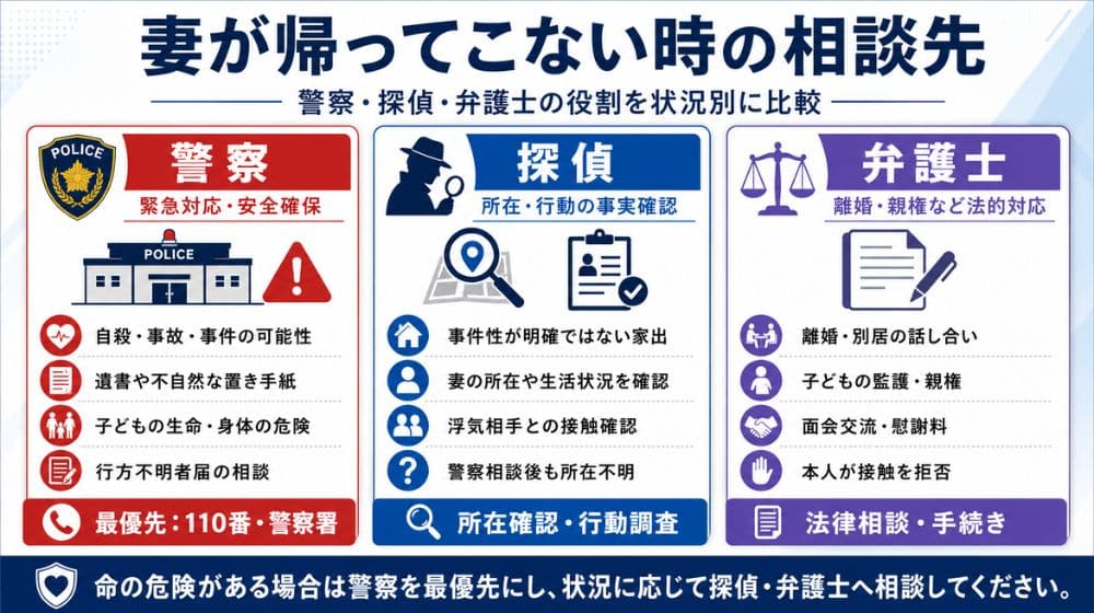 妻が帰ってこない時の警察・探偵・弁護士の相談先