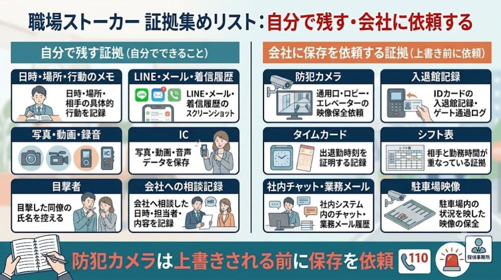 職場ストーカーで残すべき証拠と社内記録