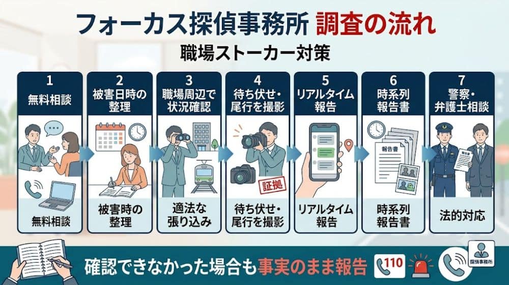 職場ストーカー調査と時系列報告書作成の流れ