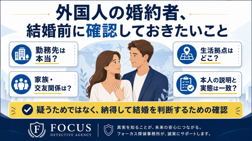 外国人婚約者の身辺調査で結婚前に勤務先や生活実態を確認するイメージ