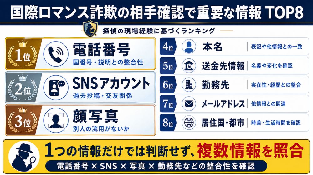 国際ロマンス詐欺の相手確認で重要な電話番号・SNS・顔写真・本名などの情報ランキング