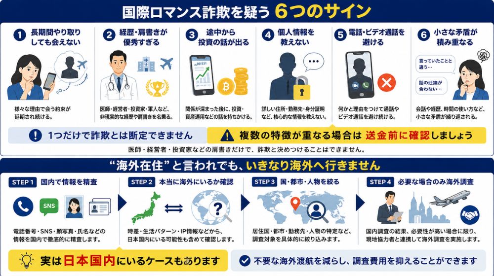 国際ロマンス詐欺を疑う会えない・投資勧誘・個人情報を教えないなど6つの特徴